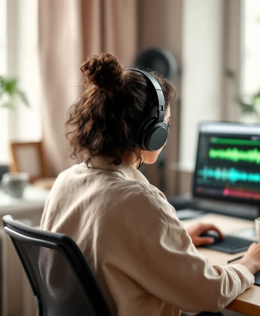 Editor wearing headphones working on an episode waveform in a daylit room