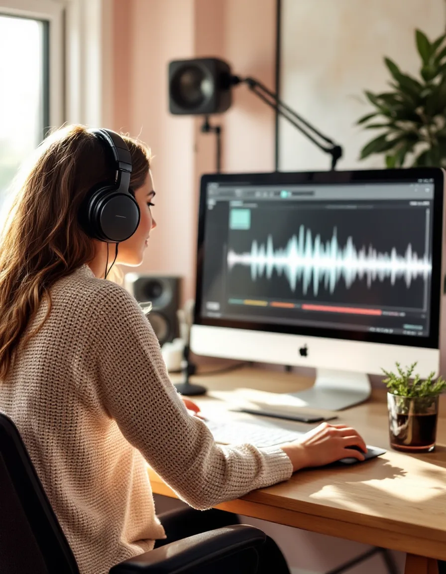 Editor working on a podcast waveform in a sunlit studio room