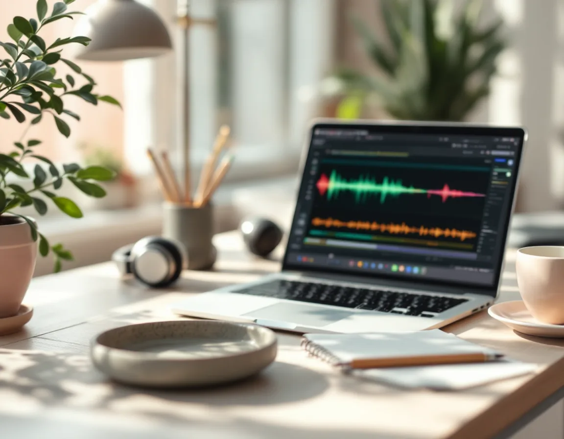 Editing desk with a waveform on screen, headphones and a notepad of pencilled timestamps